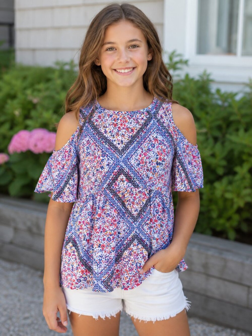 Art Class Girls Top Size Large 10 12 Boho Smocked Floral Peasant 70s Look